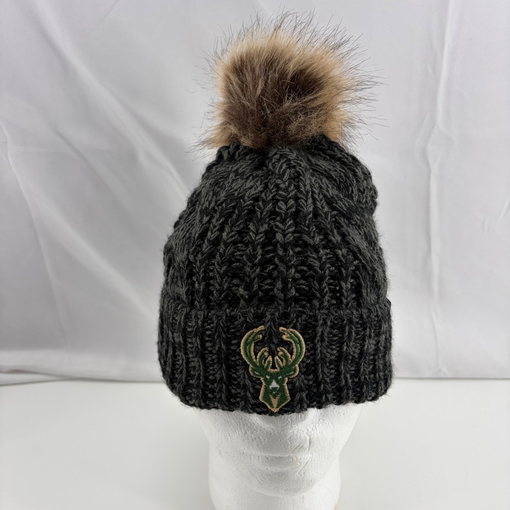 47 Brand Milwaukee Bucks Meeko Cuff Knit Beanie Hat Faux Fur Pom Black NBA Hat